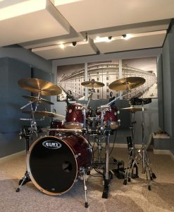 Recording drums acoustic panel placement GIK Acoustics 244 bass traps on the ceiling and monster traps in Michael Bell studio makes the drum kit sound tighter