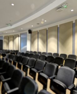 University Acoustics, GIK Acoustics Spot Acoustic Panels in Georgia Tech Classroom Lecture Hall promote speech clarity throughout the room