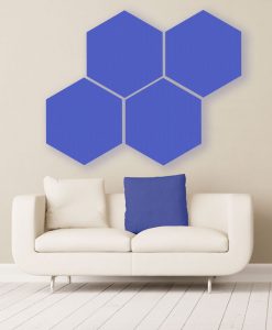 Gik acoustics hexagon acoustic panels large blue above couch